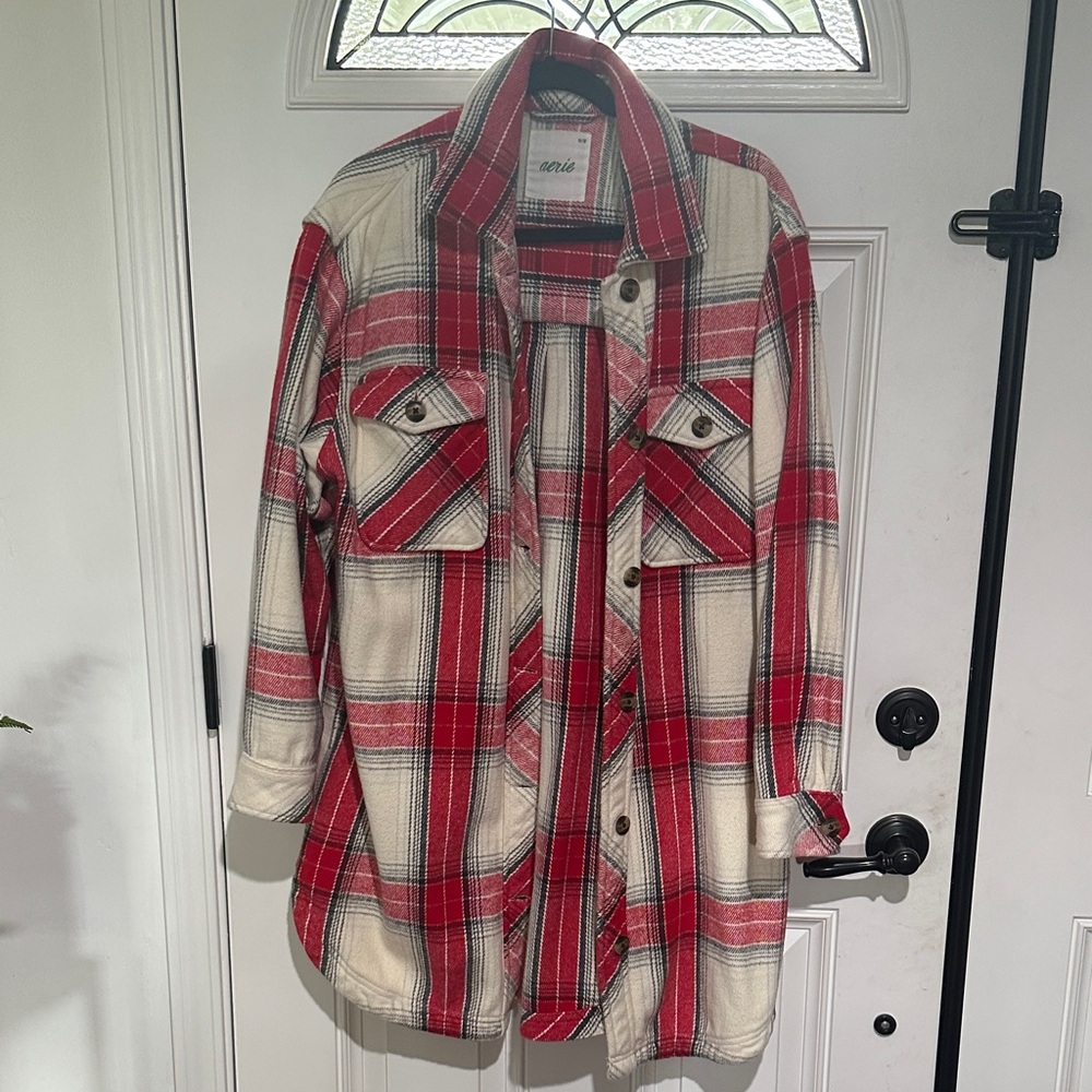 Aerie Red and Cream Plaid Shirt Jacket